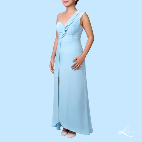 Sky blue A-line high-low asymmetrical dress with front slit