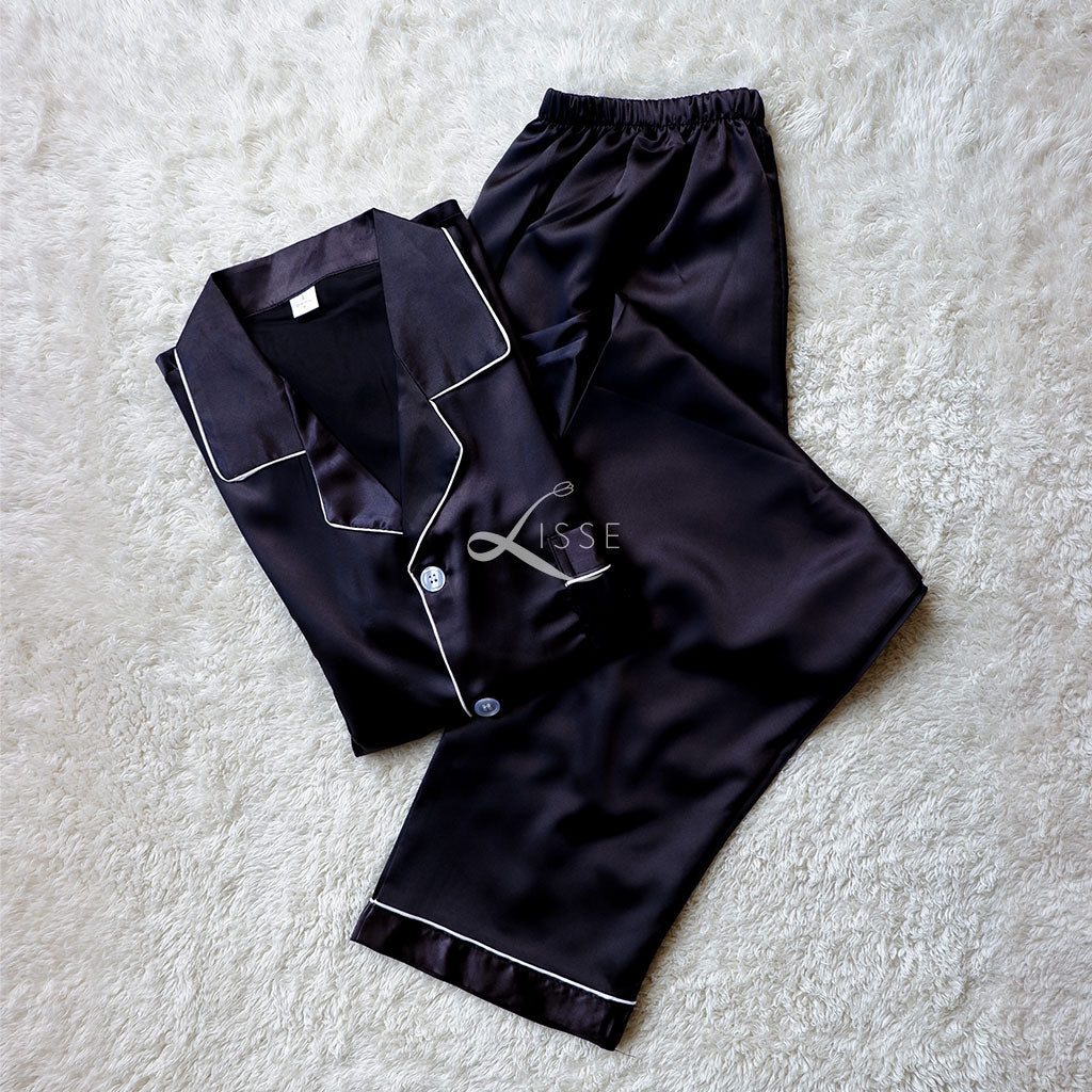 Plain Black Silk Satin Pajama Set