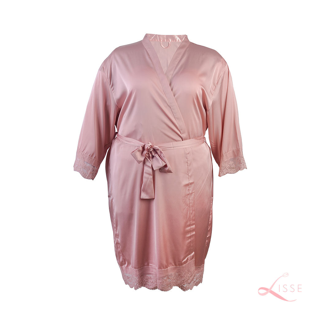 French Rose Classic Robe with Lace Trim (Plus Size)