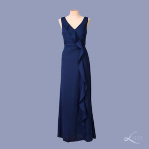navy blue V-neck sleeveless dress with ruffle details and side slit 