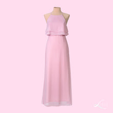 Pink halter-style dress with ruffled top and peep back detail