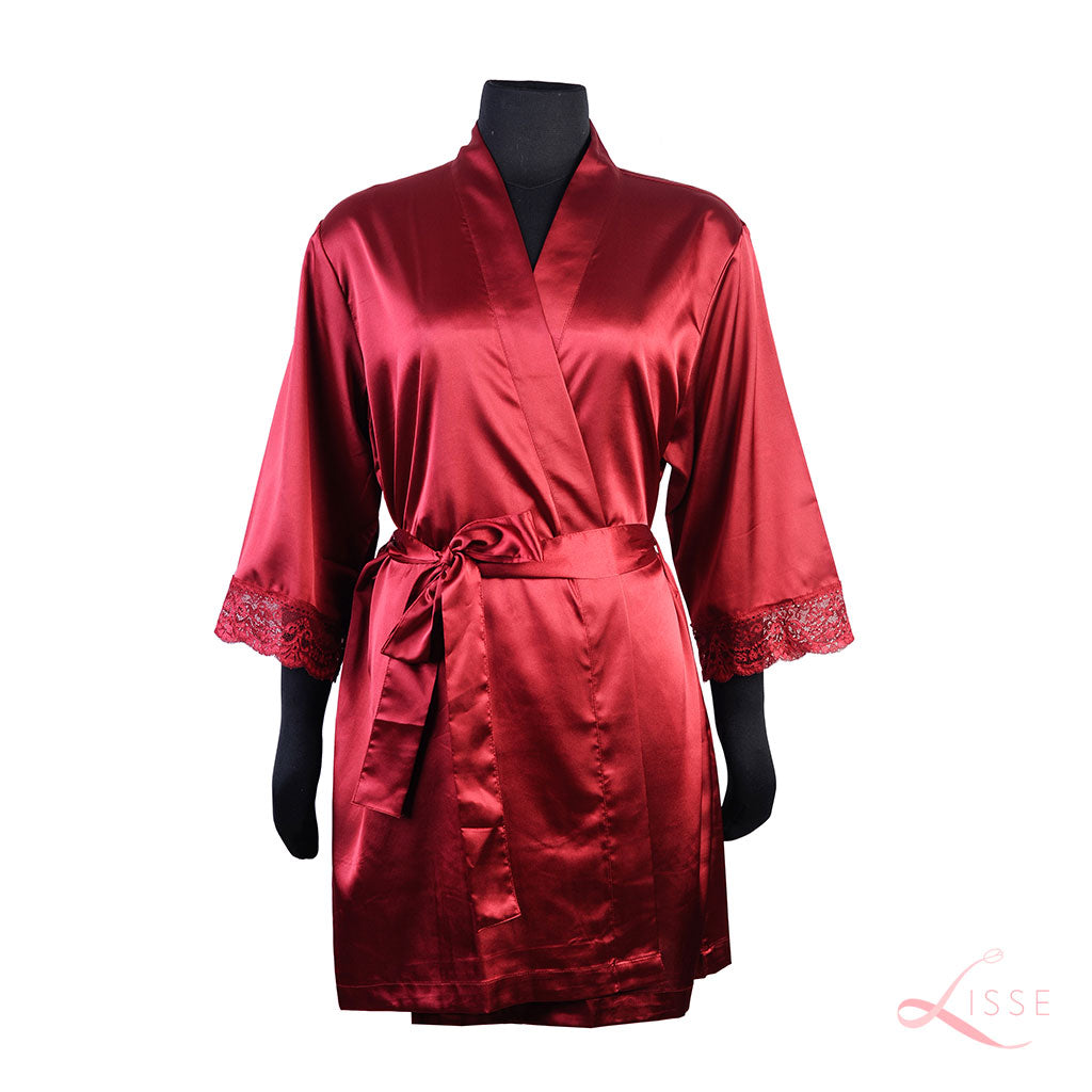 Wine Classic Robe with Lace Trim